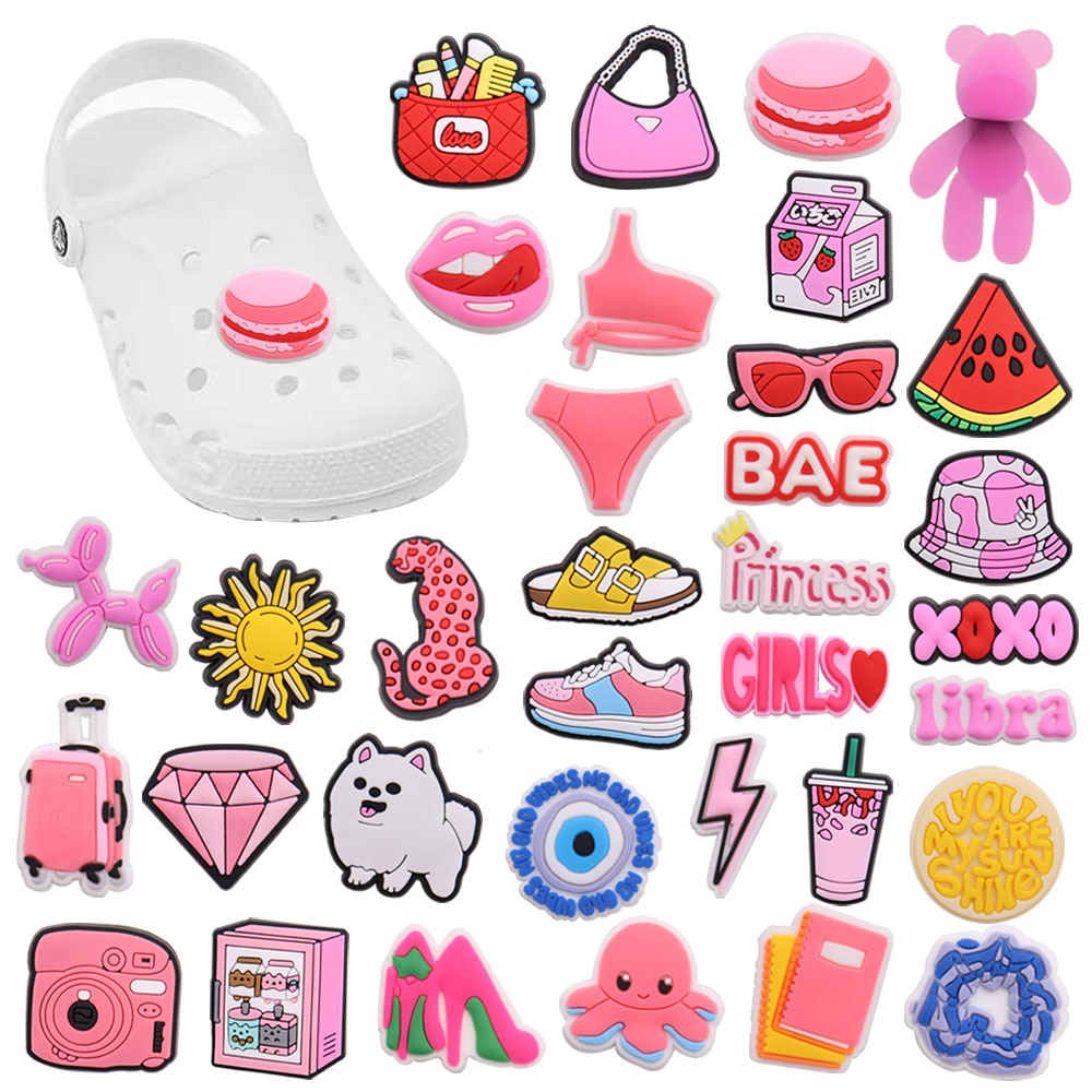 Hot Sale 1pcs PVC Shoe Charms Pink Hat Bag Camera Notebook Accessories DIY Shoe Decoration For